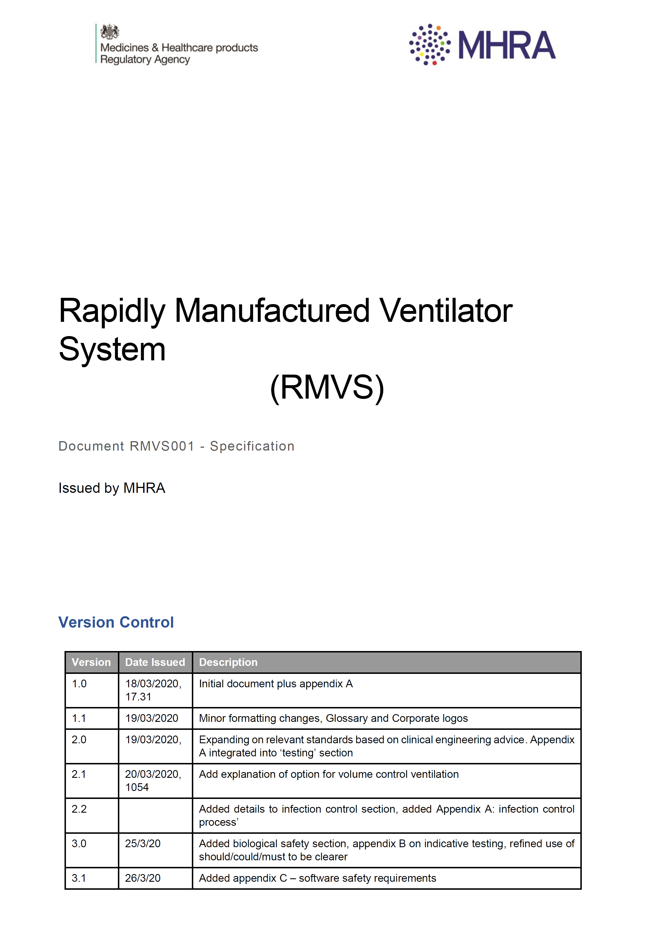 MHRA Rapidly Manufactured Ventilator System Spec